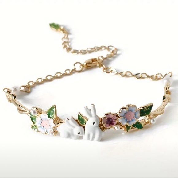 DSjewelry Jewelry - Gold Faux Pearl Rabbit Bunny Floral Nature Leaf Flower Colorful Bracelet